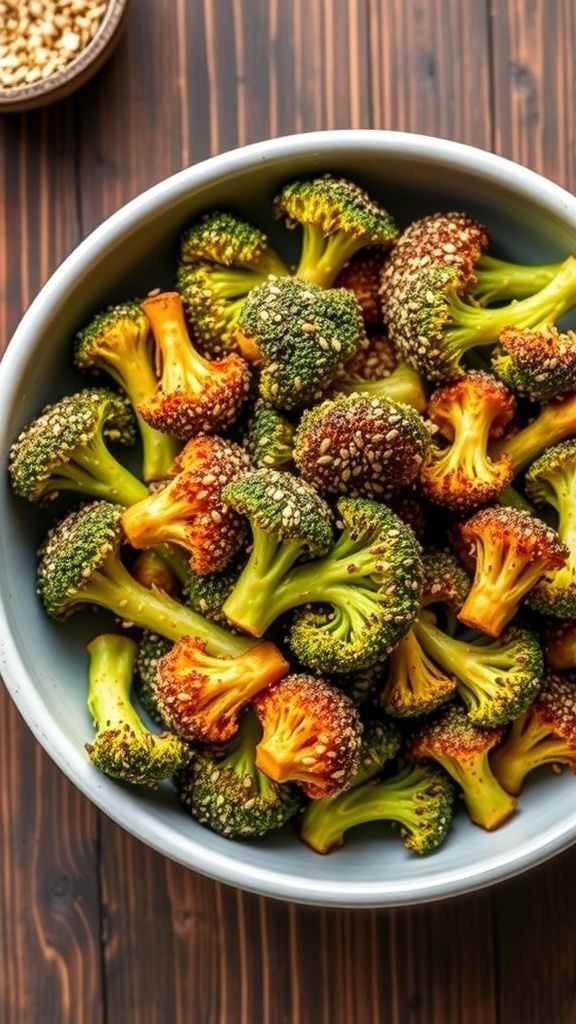 Crispy air fryer broccoli with everything bagel seasoning in a bowl on a wooden table.